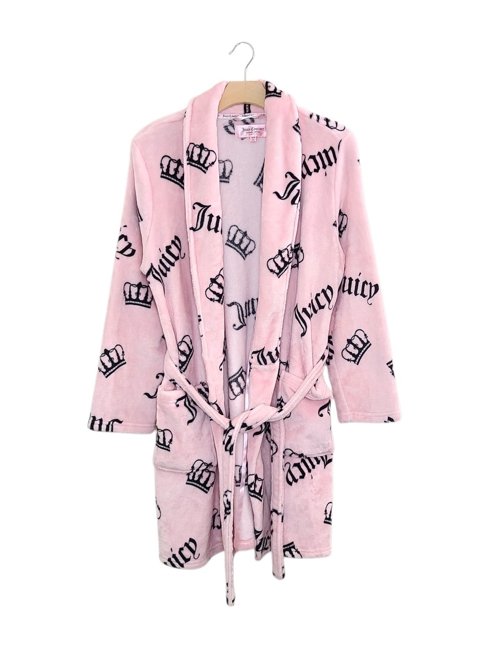Juicy Couture Pink Plush Robe with Black Crown & Script Motif